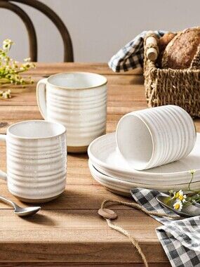 3 Rustic Pottery White Stoneware Mugs, 12oz